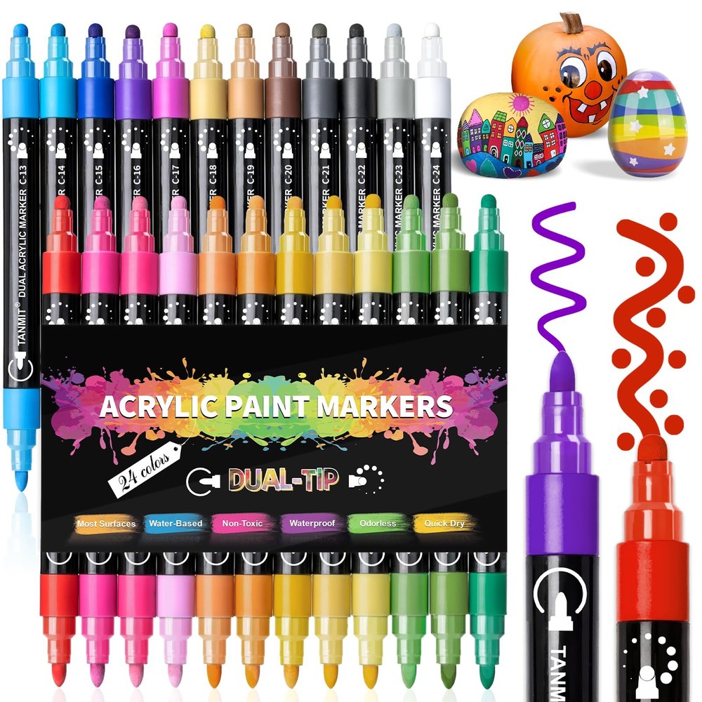Acrylic Paint Pens Markers 24 Colors Dual Tip Acrylic Paint Pens for Rock Pai...
