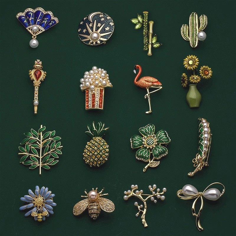 Vintage Brooch Enamel Pin Pearls Vintage Flower Brooch Plant Animal Insect Fruit