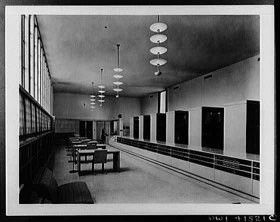 Photo:Modernist Interior Lobby 1960s Large Windows Tables Pendant Lights