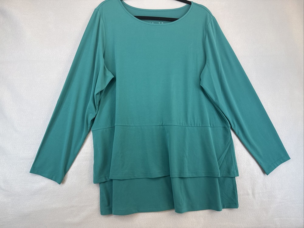 Susan Graver Modern Essentials Liquid Knit Peplum Tiered Top Size M Teal Green