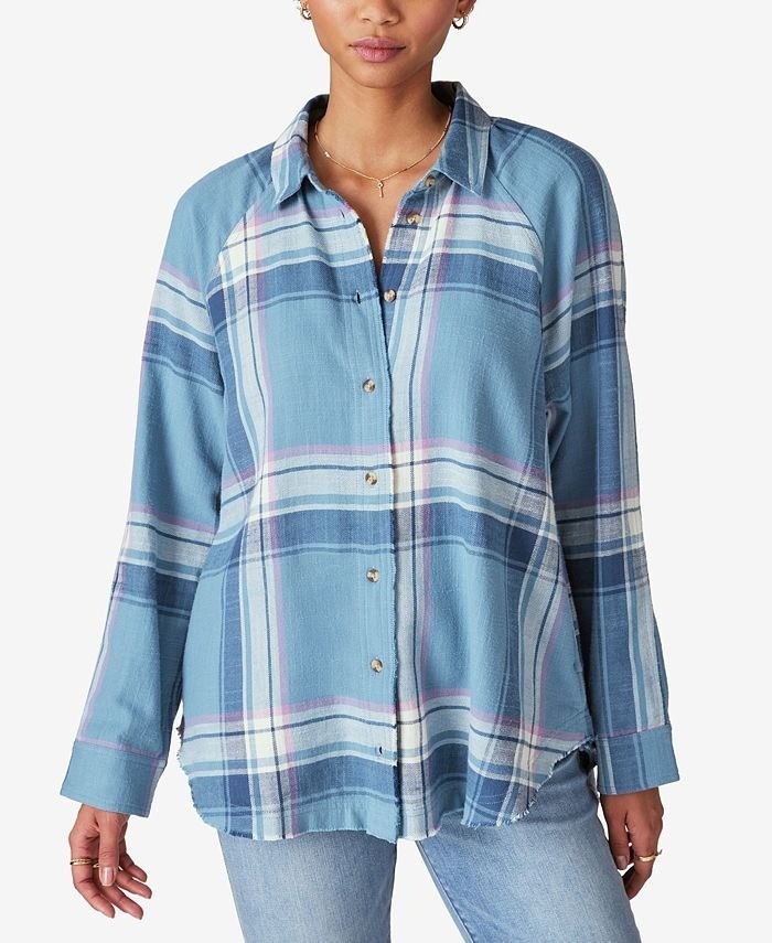 LUCKY BRAND Tunic Plaid Flannel Shirt S Blue Plaid Button Up Frayed 100% Cotton