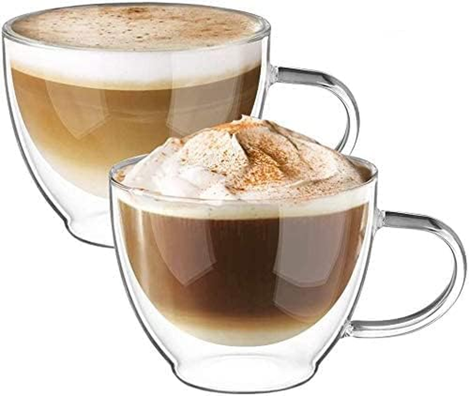 Double Walled Glass Coffee Mug 12 Oz Latte Cappuccino Cups Set of 2, Clear Glass