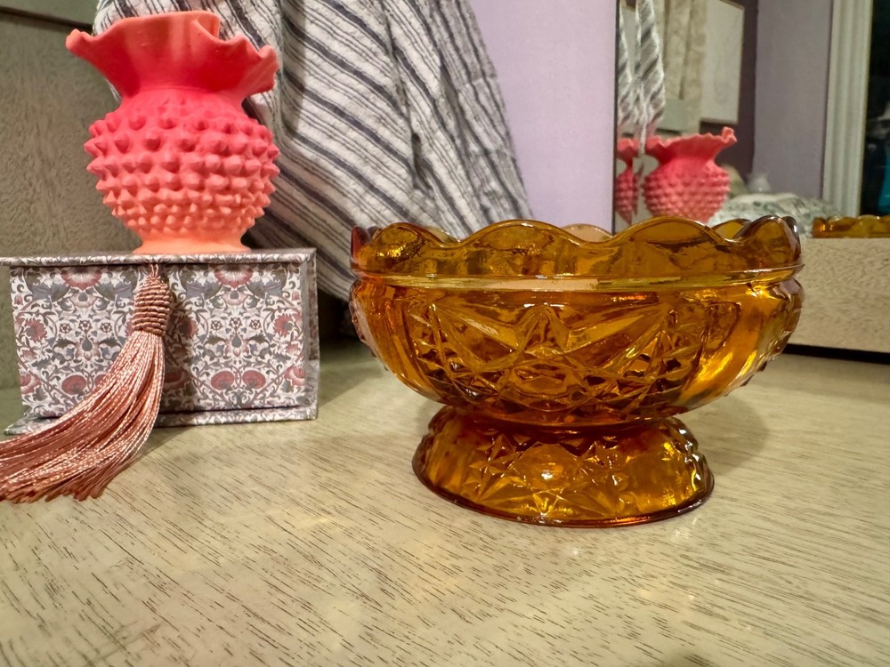 Vintage Indiana Glass Stars And Bars Fairy Lamp Bottom/ Base Only Amber
