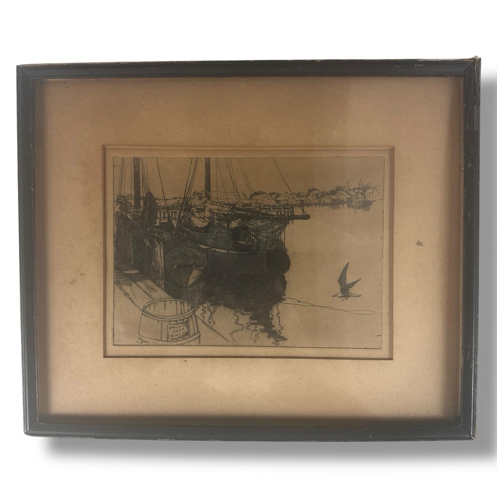Albert Thayer Etching New England Harbor View  Framed Vintage Maritime Art 1935