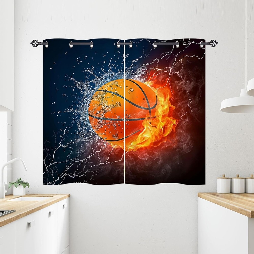 Basketball Kitchen Curtains Grommet Waterproof Window Drapes Sports Theme Flame