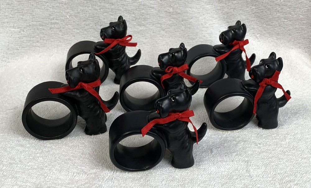 6 Dept 56 Black Scottie Dog Scottish Terrier Dog Ceramic Napkin Rings Japan
