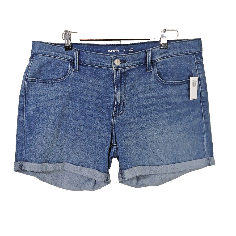 NWT Old Navy Women’s Mid Rise Wow  Denim Blue Jean Shorts Cuffed Hem Size 14
