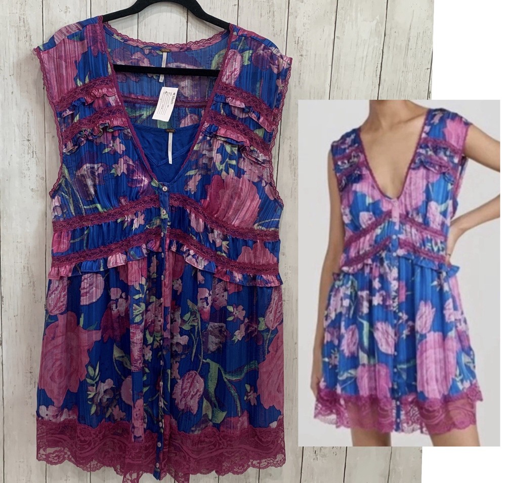 NWT Free People Ultra Violet Combo Spring Fling Boho Lace Mini Dress Size Small