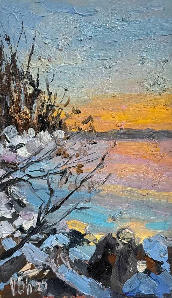 Original Oil Painting Winter Landscape Sunset Forest Impressionism Art Signed