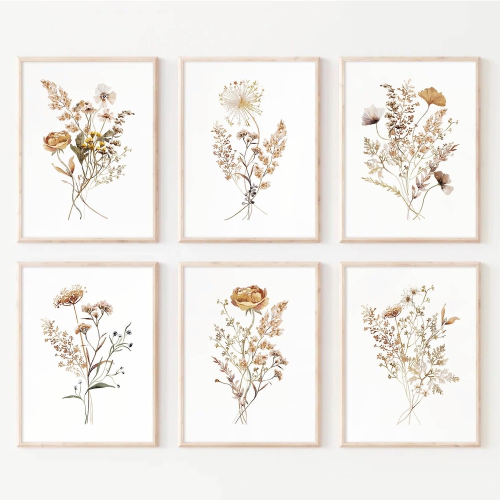 Watercolor Flower Wall Art Set of 6 Botanical Wildflower Wall Decor Boho Neut...