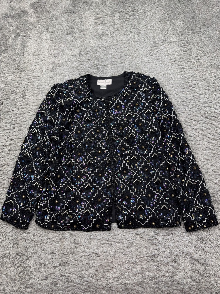 Laurence Kazar Jacket Women PL Large Black Silk Beaded Sequin Whimsigoth Party