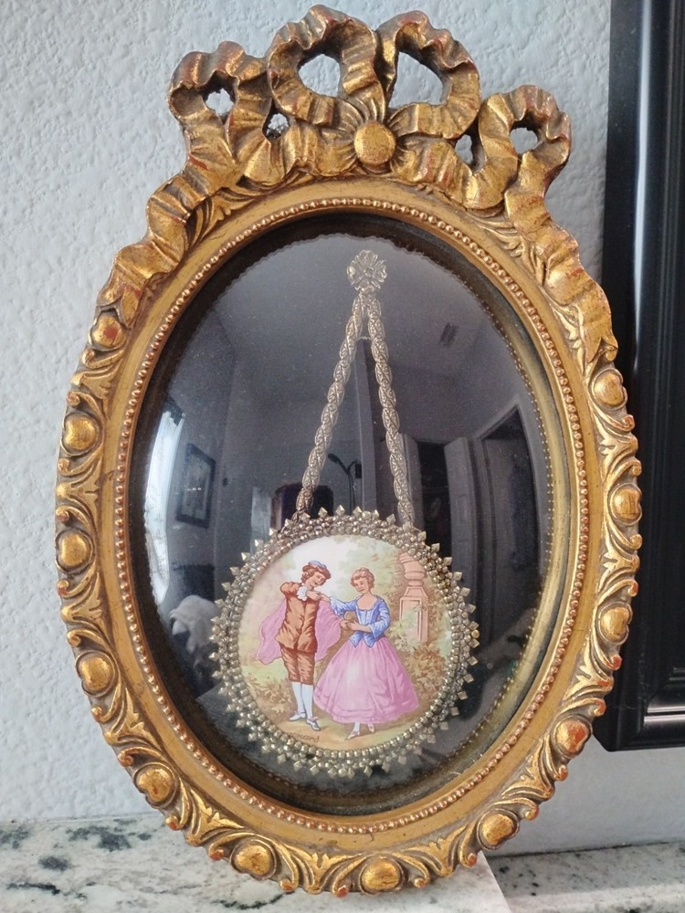 Vtg Framed Porcelain Cameo Golden Wood Felted Wall Art Courting Couple Pendant