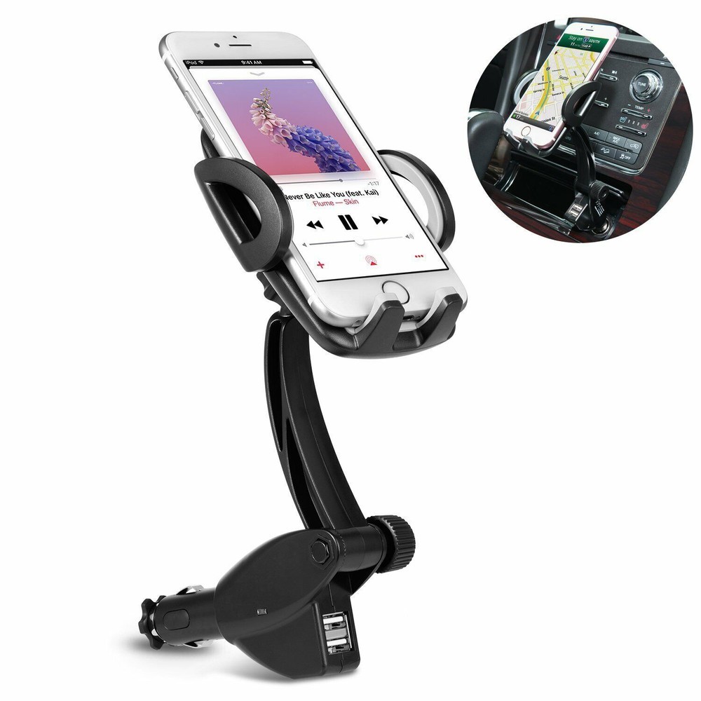 Cell Phone Holder With Dual USB Car Charger Fit For Car Cigarette Lighter Port