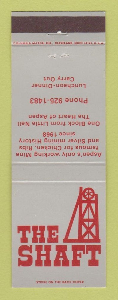Matchbook Cover - The Shaft Restaurant Aspen Colorado