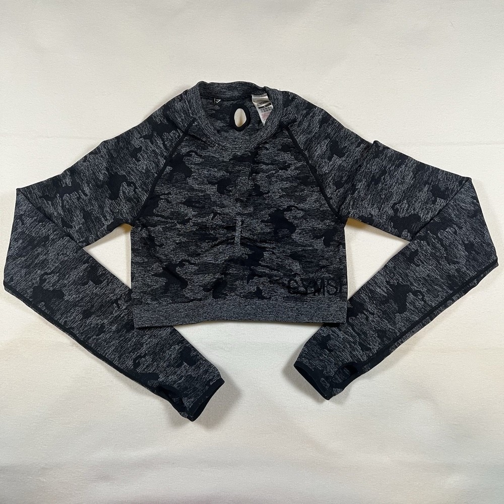 Gymshark Women's Black Gray Camo Long Sleeve Crop Top Thumb Holes Size Medium