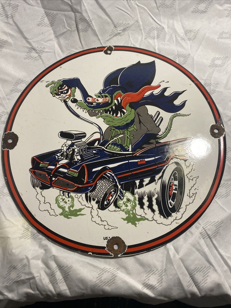 Vintage Rat Fink Hot Rod Batmobile Porcelain Sign - Kustom Fink Sign