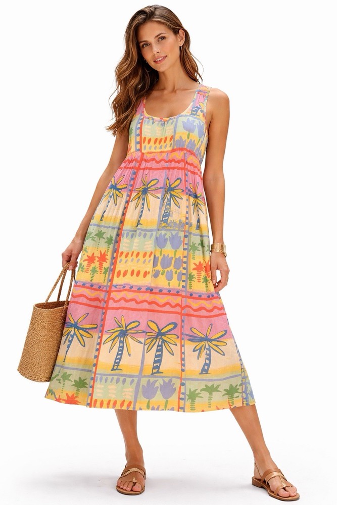 Vintage Jams World Sleeveless Dress Multicolored Bright Palm Abstract Print Sz M-image