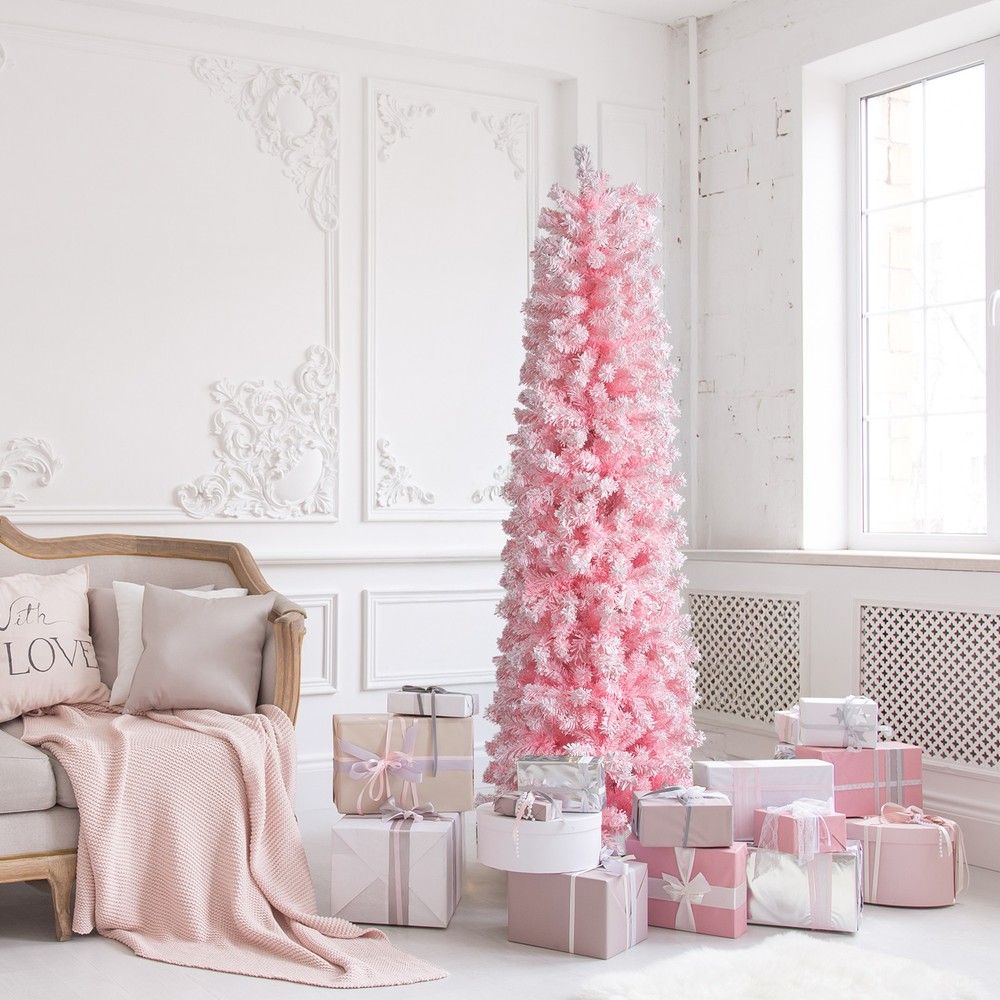Artificial Pencil 7.5FT Pink Christmas Tree 641 / 1075 Branch Tips, Sturdy Stand