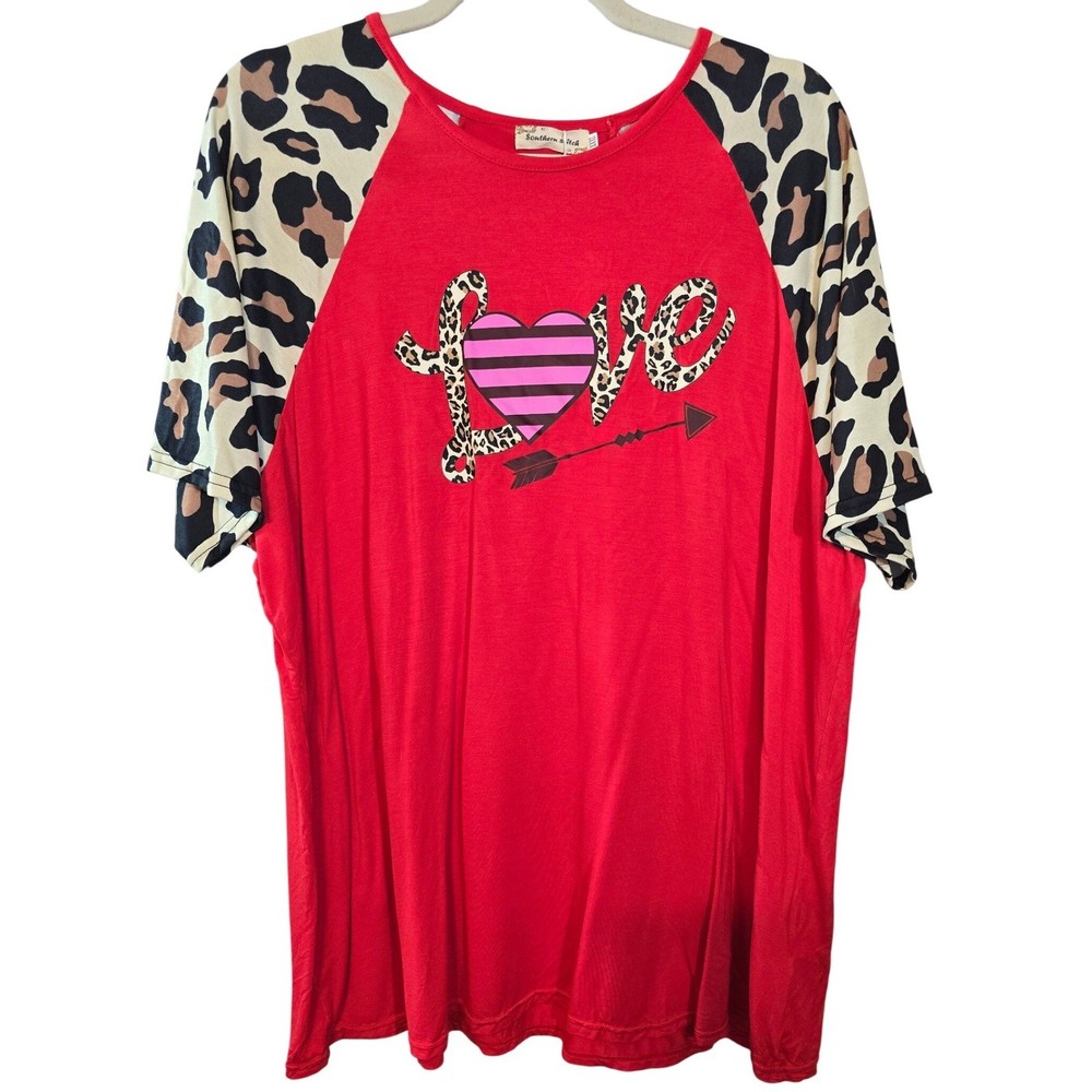 Southern Stitch Red Leopard Print LOVE Heart Graphic Raglan T Shirt Size XXXL