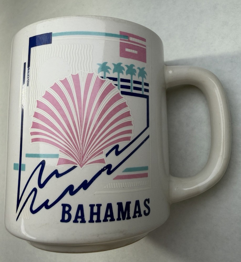 Vintage Bahamas Souvenir Coffee Mug Pink Shell Palm Trees Tropical Cup