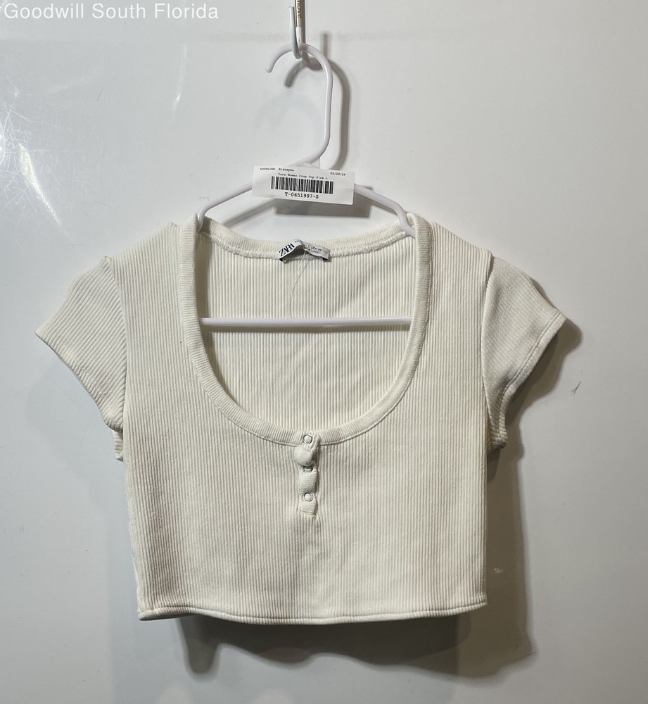 Zara Womens Beige Ribbed Round Neck Short Sleeve Cropped Blouse Top Size L