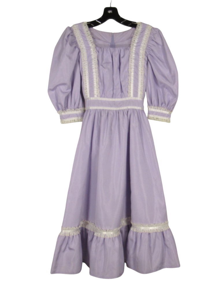 VTG Girls 12-14 TAFFETA Lace PUFF SLEEVE Folk Prairie COTTAGECORE Dress BUST-31