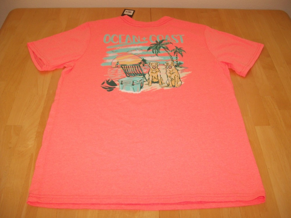 NWT's Ocean + Coast Men's Neon Peach Heather Dogs on the Beach T-Shirt Large &
