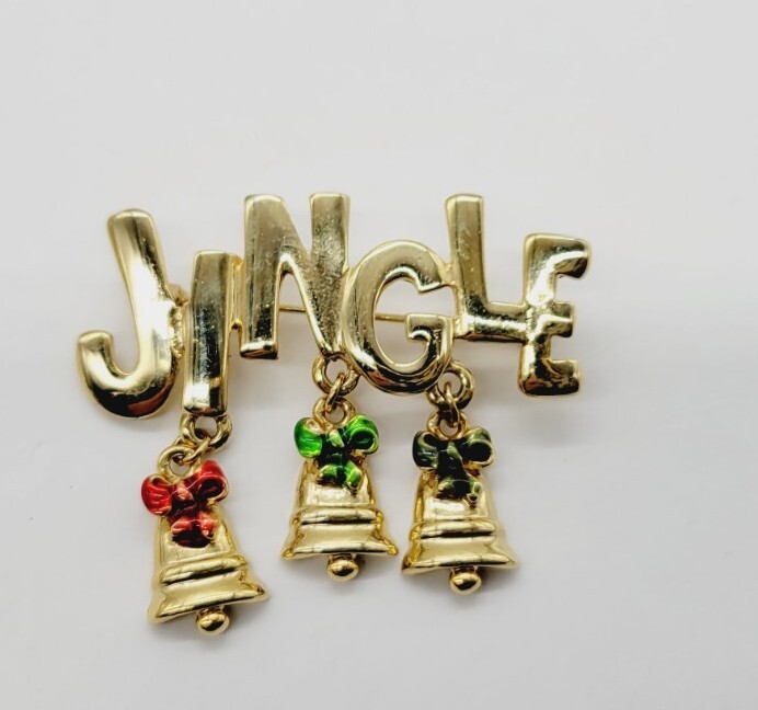 Jingle Bells Brooch Christmas Pin Gold Tone Enamel Vintage Holiday Jewelry
