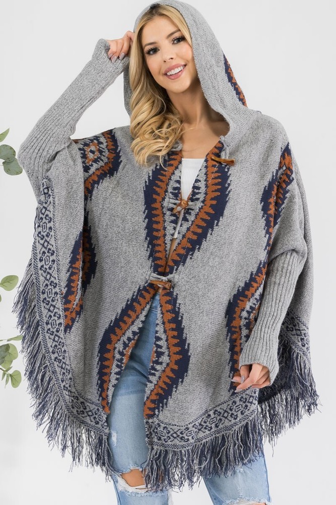 Aztec Pattern Hooded Knit Poncho Cardi for Women