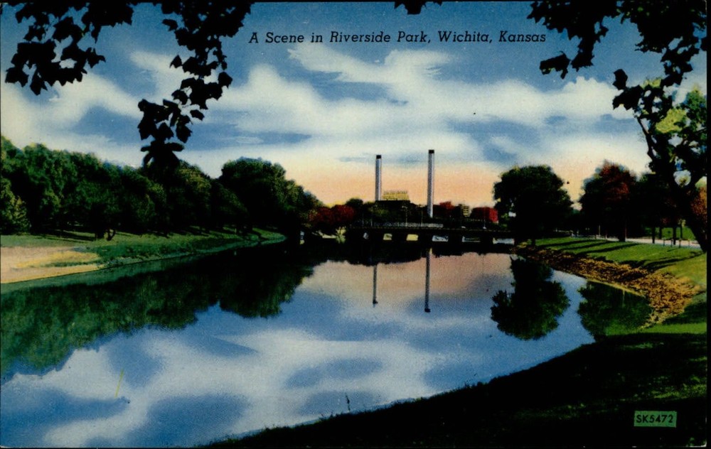 Wichita Kansas Riverside Park Zoo building smokestacks unused vintage postcard