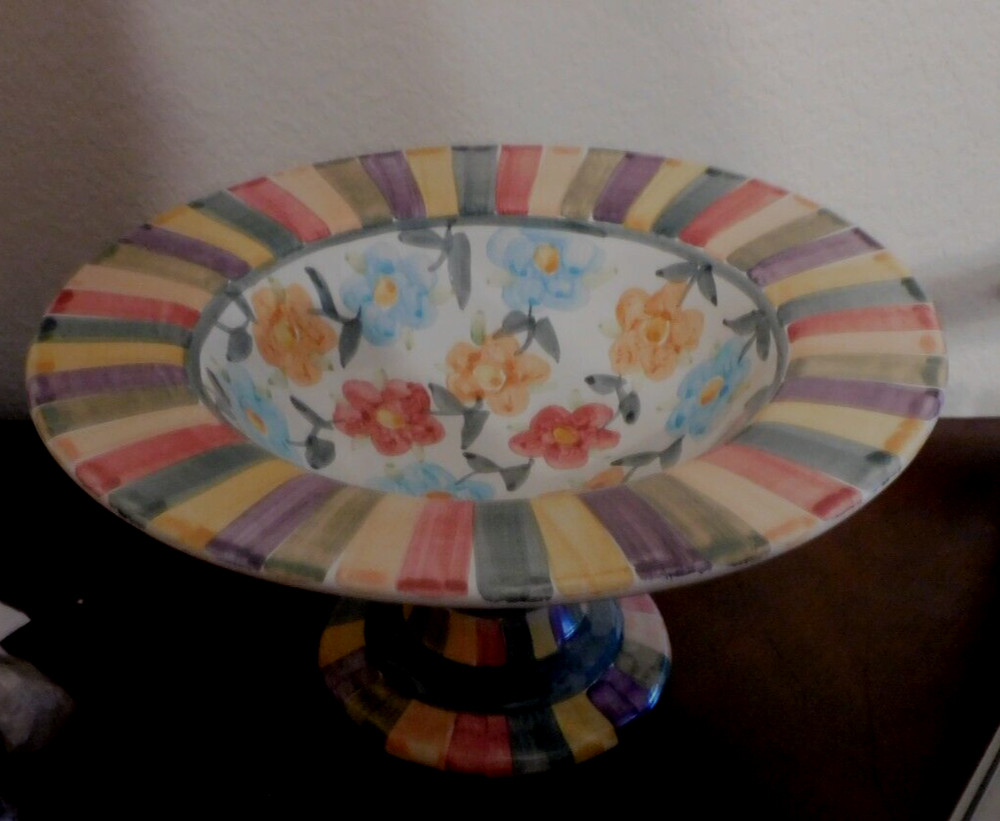 Mackenzie-Child's Pottery Painted Garden Pedestal Compote,Retired, New