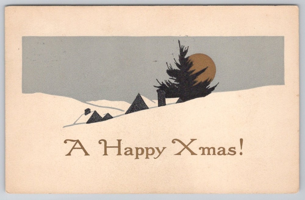 Vintage 1914 A Happy Xmas Postcard - Stylized Winter Scene Newark NJ Postmark