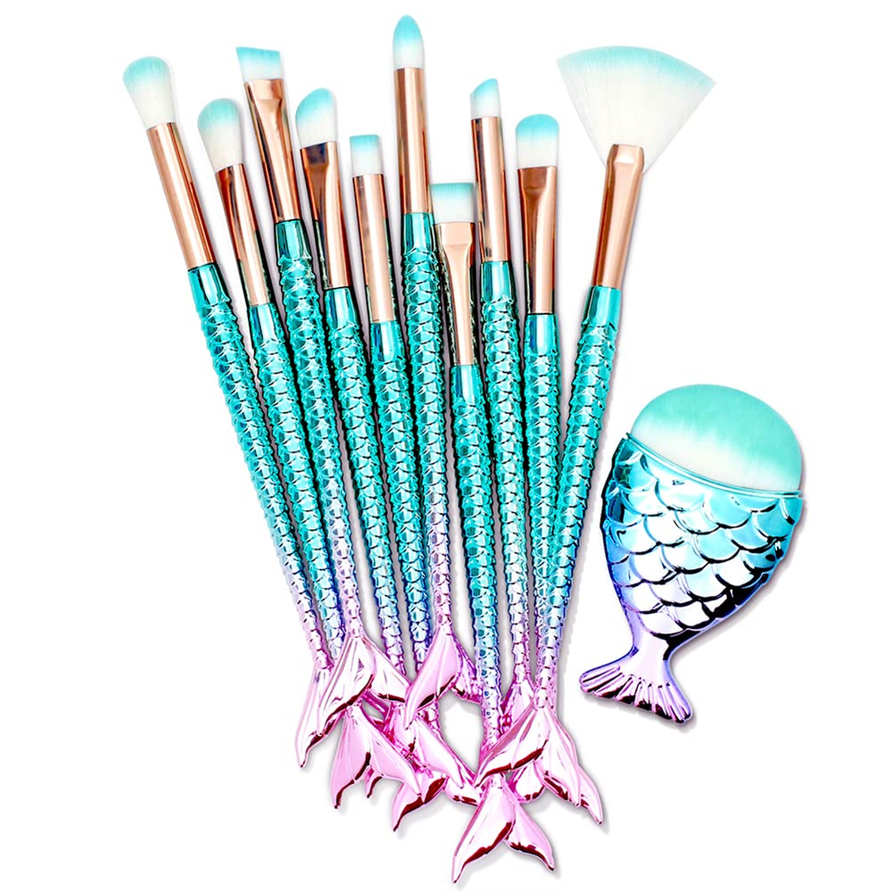 11PCS Makeup Brushes Set with Colorful Fish Tail Handle, Foundation Eyebrow Eyel