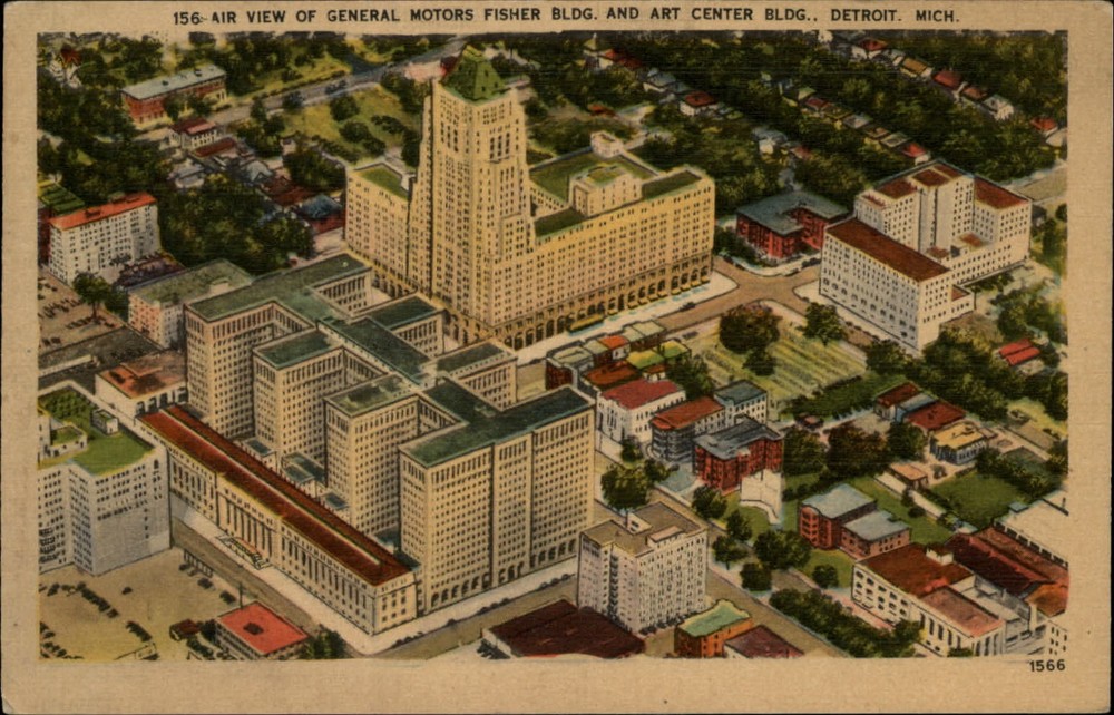 Michigan Detroit General Motors Fisher Bldg aerial view ~ 1930s linen sku543