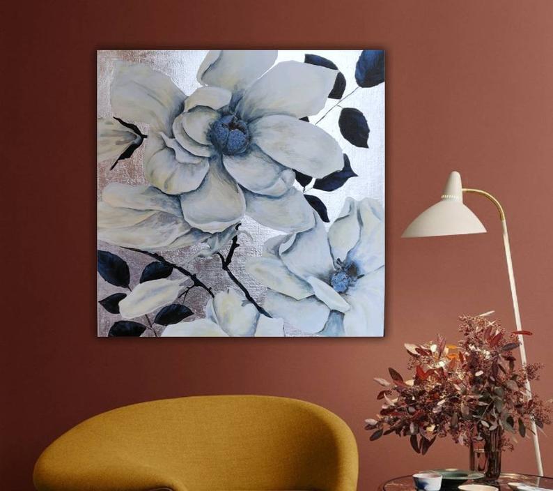 Handmade Canvas Painting Nordic Painting Abstract Flower Painting Silver Leaf