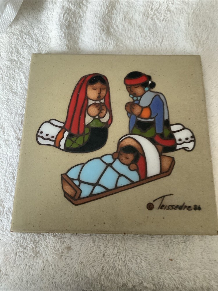 Vintage Native American Tile Art Trivet Wall Decor Cleo Teissedre Manger Christ