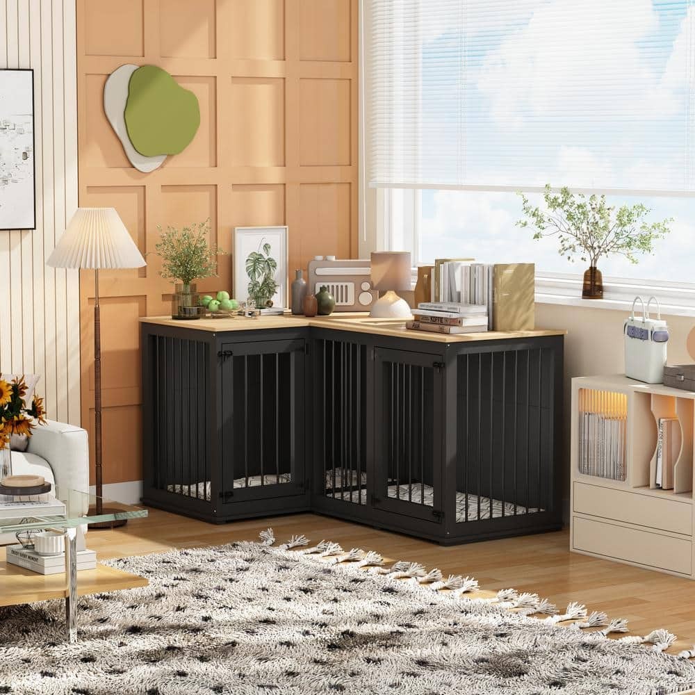 Large Wooden Double Dog Crate Furniture Corner Kennel Bed for 2 Dogs