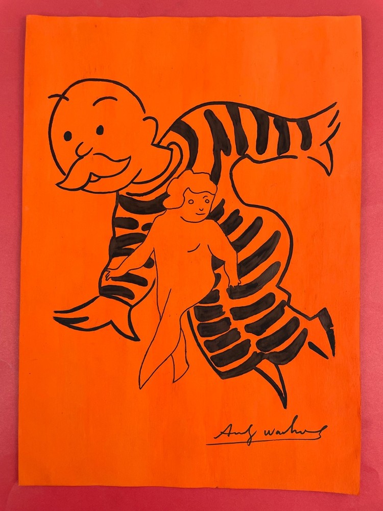 Andy Warhol (Handmade) mixed media on old paper signed and stamped pop art rare.