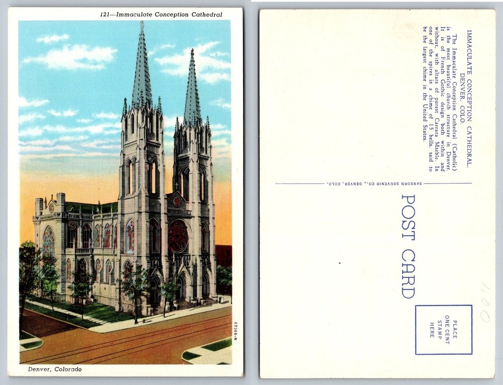 Immaculate Conception Cathedral Denver CO Linen Postcard French Gothic Church