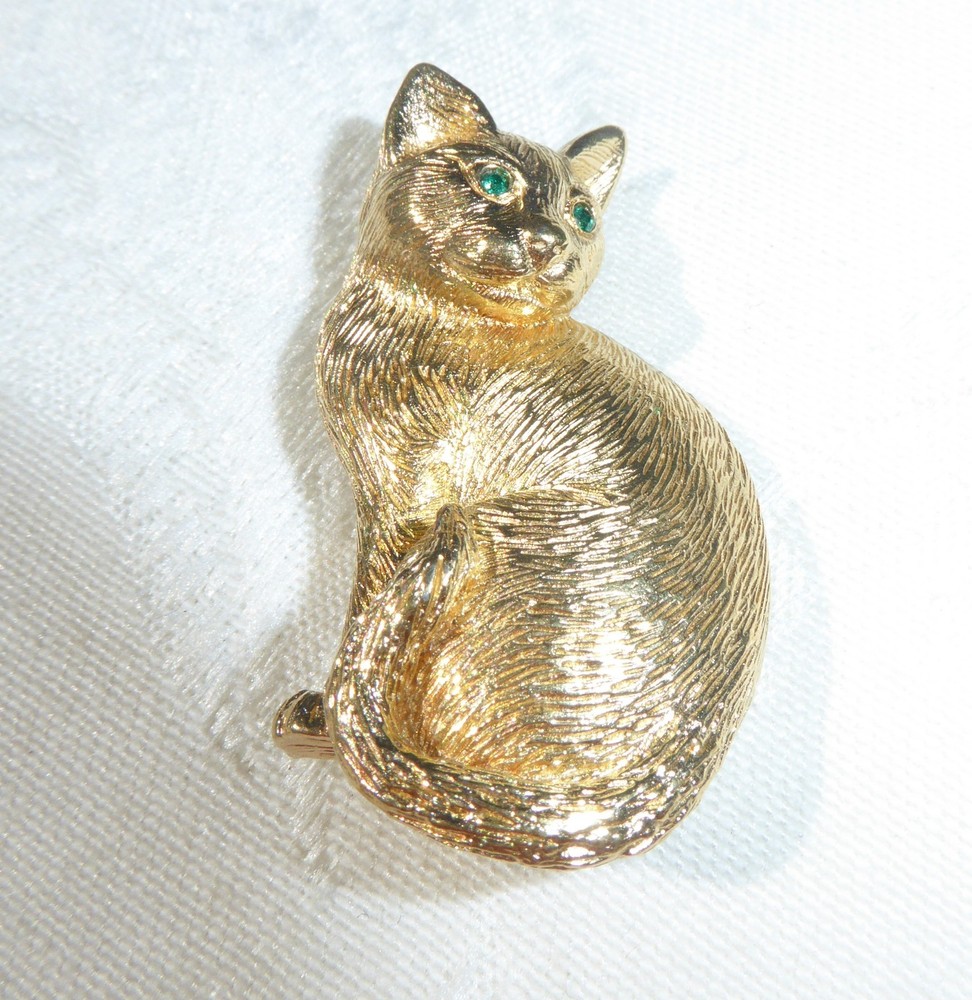 AMAZING VINTAGE GOLD TONE BLUE GREEN RHINESTONE KITTY CAT BROOCH Christian Dior