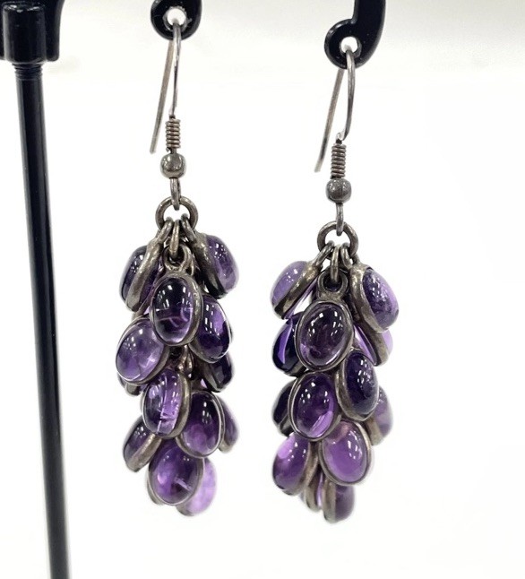 VTG Sterling Silver 925 Amethyst Cabochon Grape Cluster Dangle Earrings 15.46g