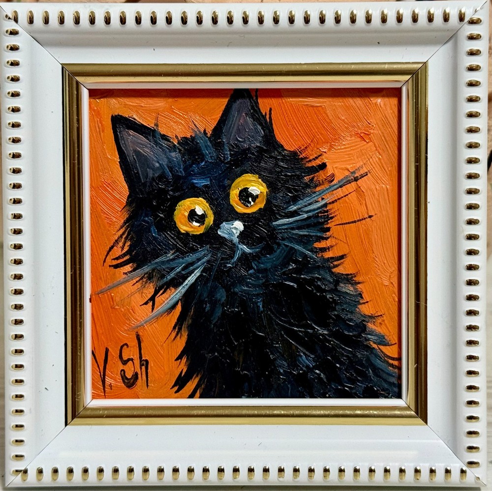 FRAMED Funny Black Cat Original Oil Painting Portrait  Pet  Animal Signed Art