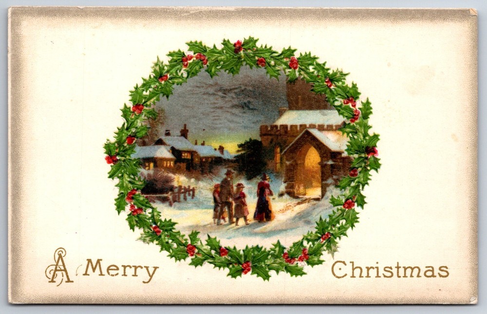 Winsch~A Merry Christmas~Winter Night Scene In Holly Wreath~Emb~Vintage Postcard