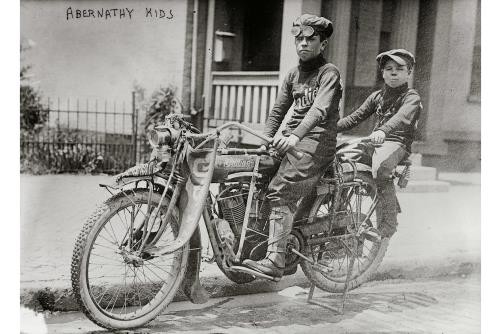 Photo:Abernathy kids,1910-1915,two boys on bike,tandem Indian Motorcycle