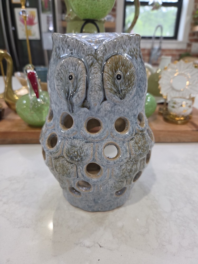 Vintage Ceramic Owl Candle Holder Pottery Blue Drip Glaze Tealight or Incense