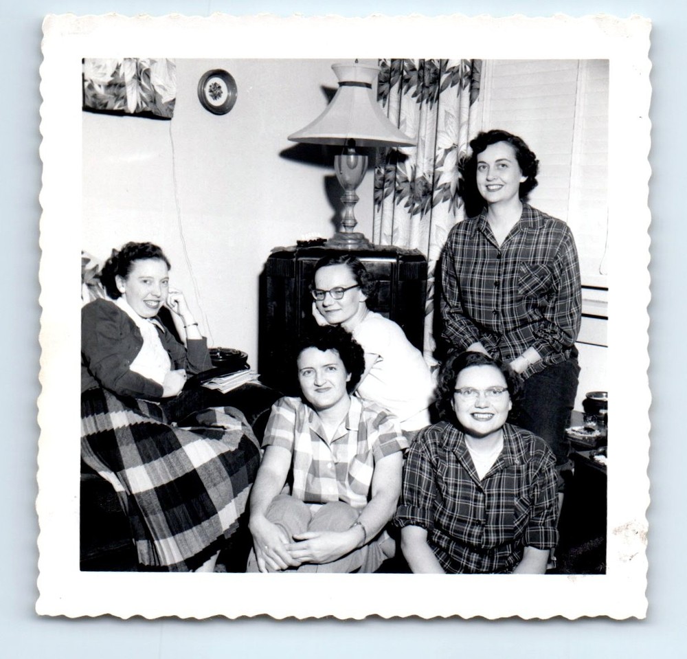 Old Vintage Square Photo WOMEN ONLY GROUP BY ANTIQUE RADIO IN LIVING ROOM