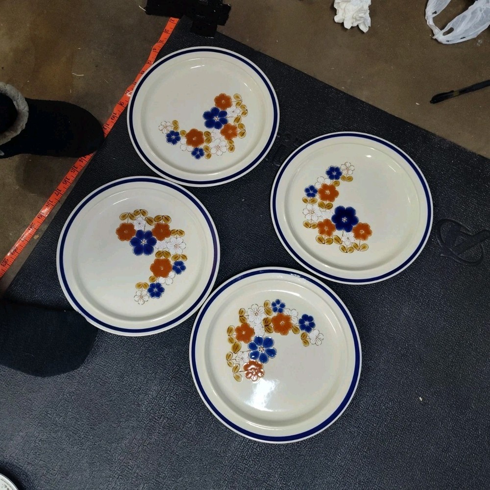 Blue Tulip Stoneware Dinner Plates Set of 4 Floral Pattern Blue Orange 10