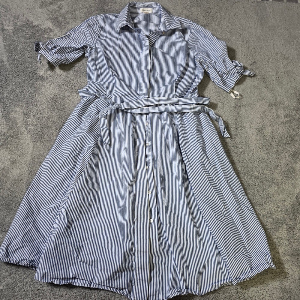 Calvin Klein Womens 8 Shirt Dress Blue White Striped Tie Waist Button Front Tie