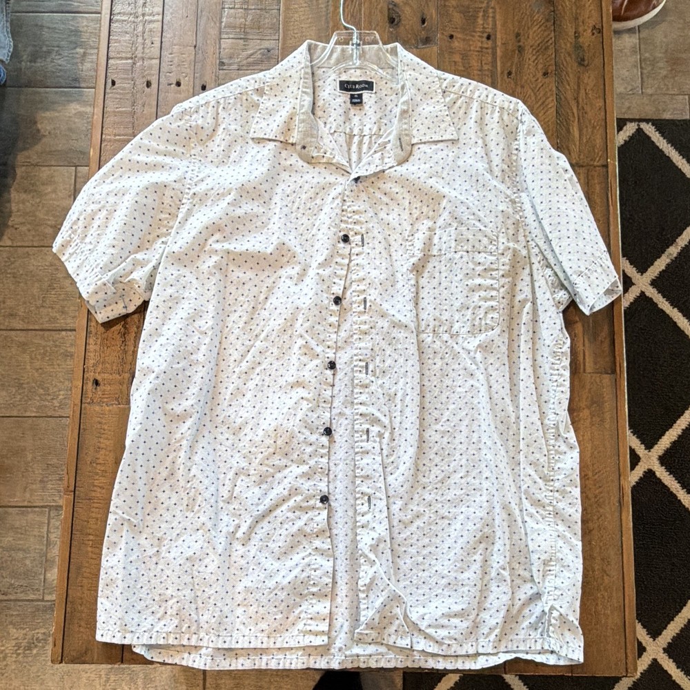 Club Room Men's White/Blue Geometric Cotton Woven SS Button-Up Pockets XL