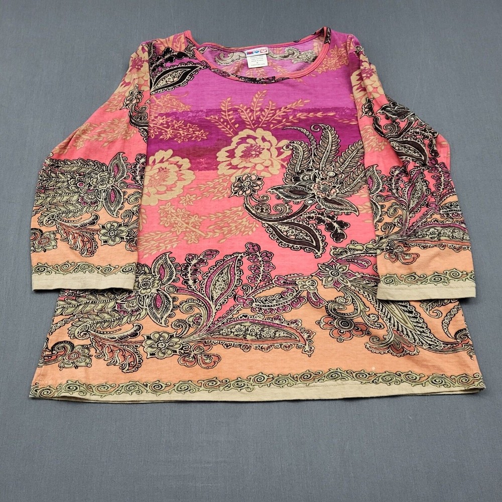 American Sweetheart Shirt Womens M 3/4 Sleeve Boat Neck Paisley Knit Pink Orange